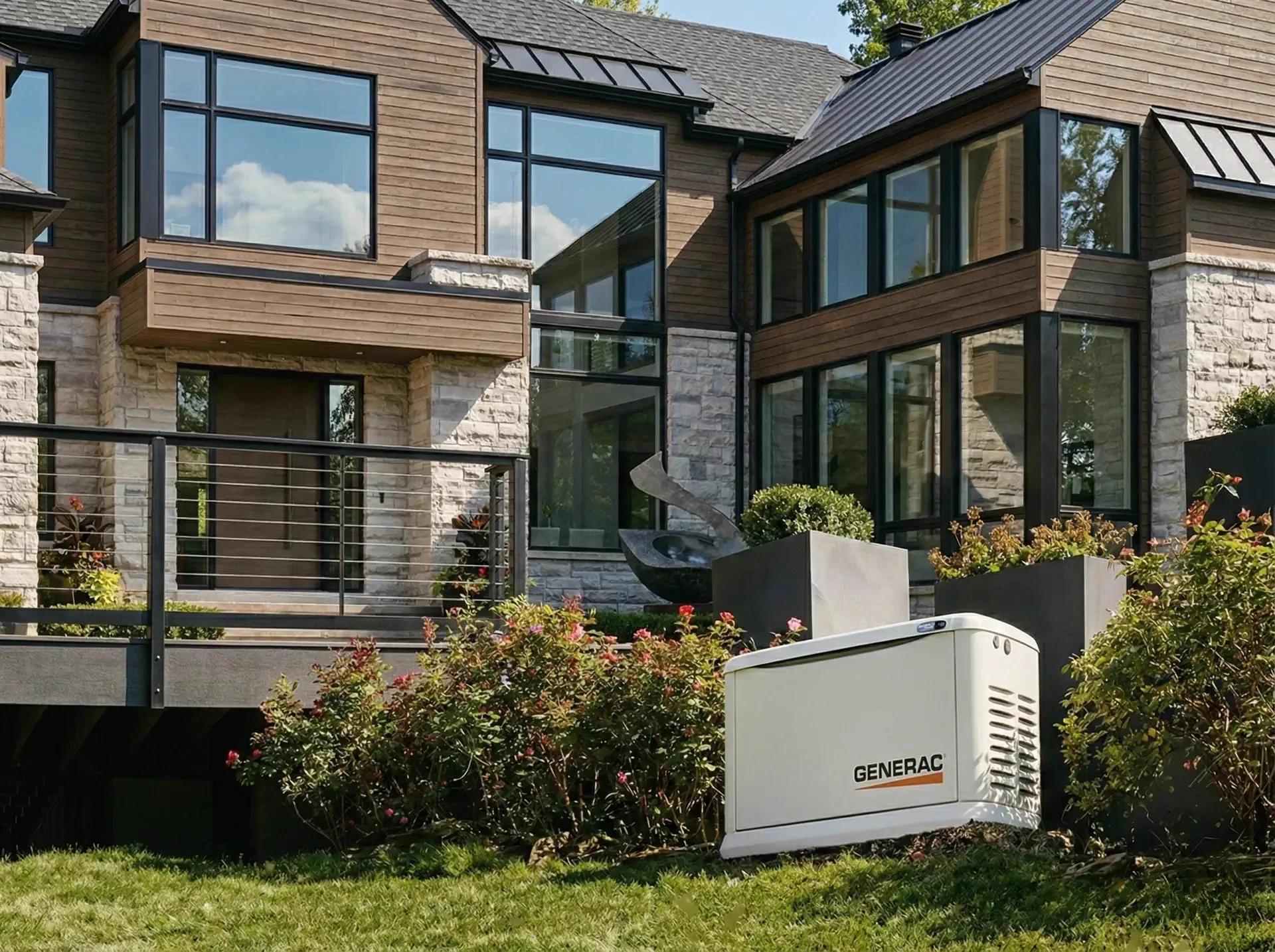 Génératrice résidentielle Generac Guardian installée à côté d'une maison