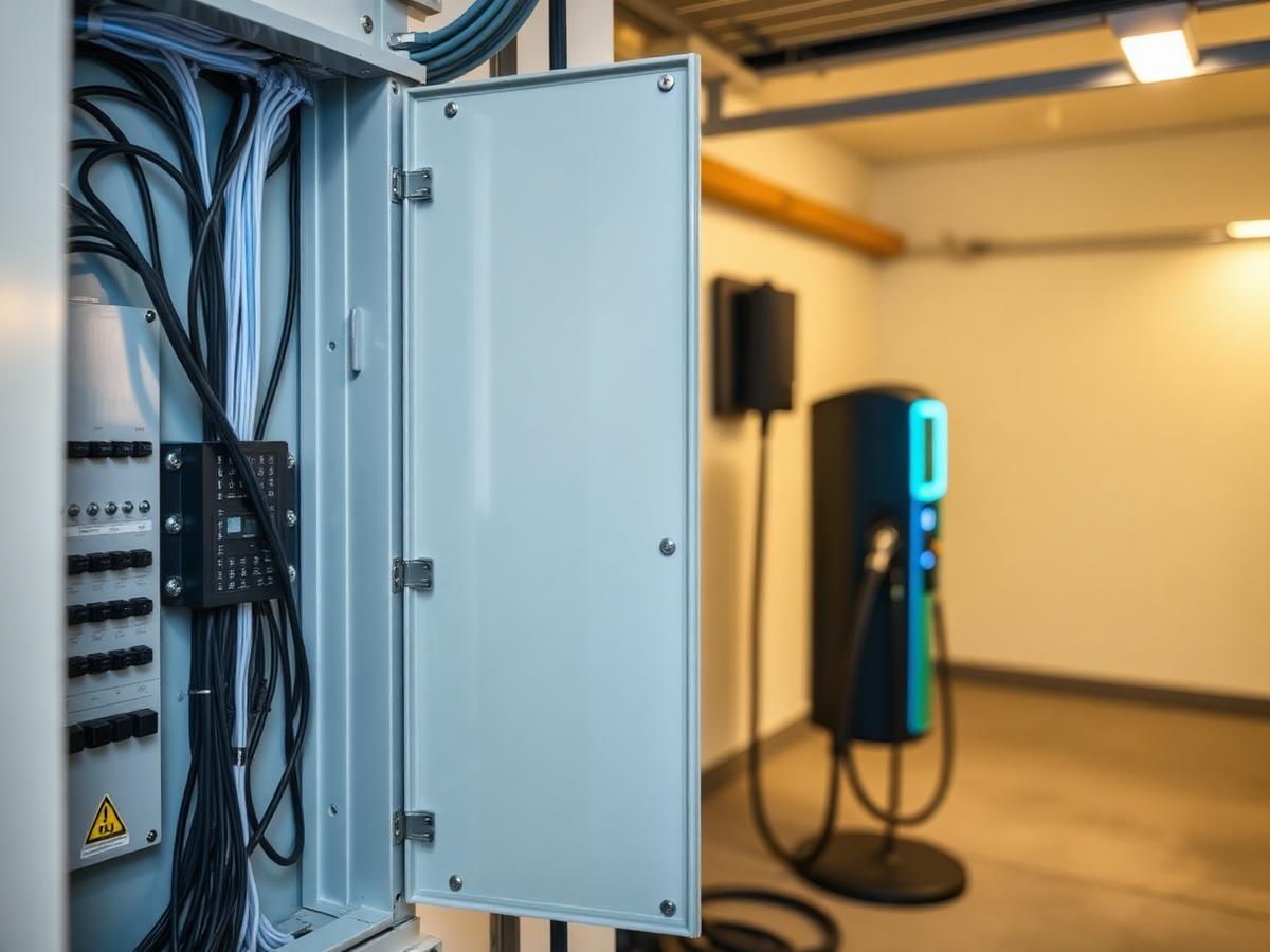 Panneau électrique résidentiel et borne de recharge dans un garage